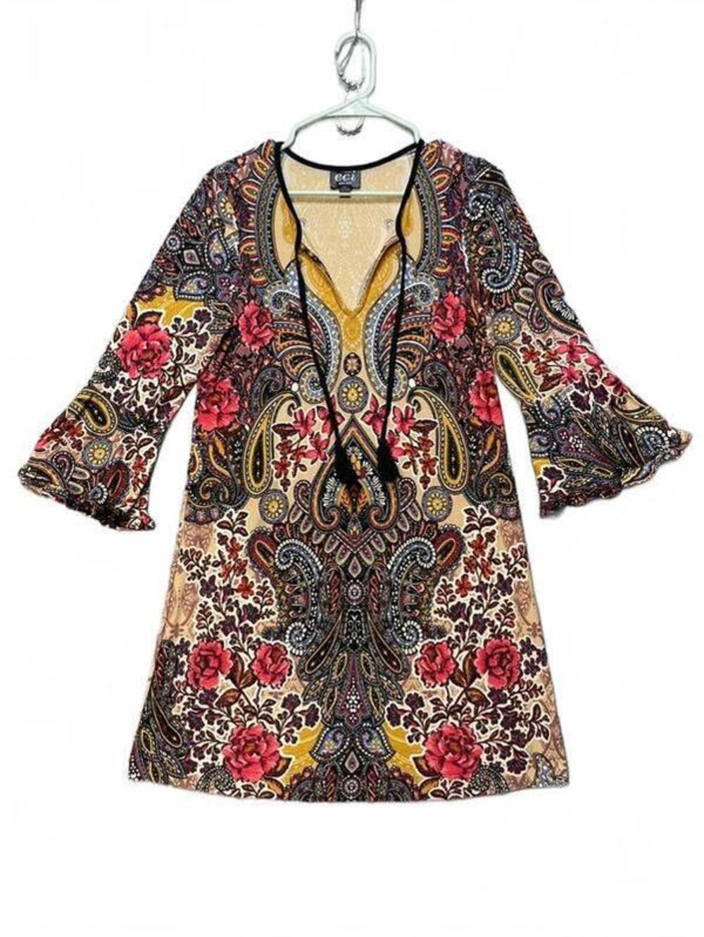 eci New York Womens Paisley Boho Bell Sleeve Dress Yellow Pink Small